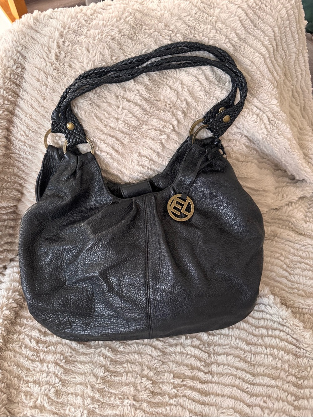 Elliott Lucca Black Leather Braided-Handle Hobo Bag